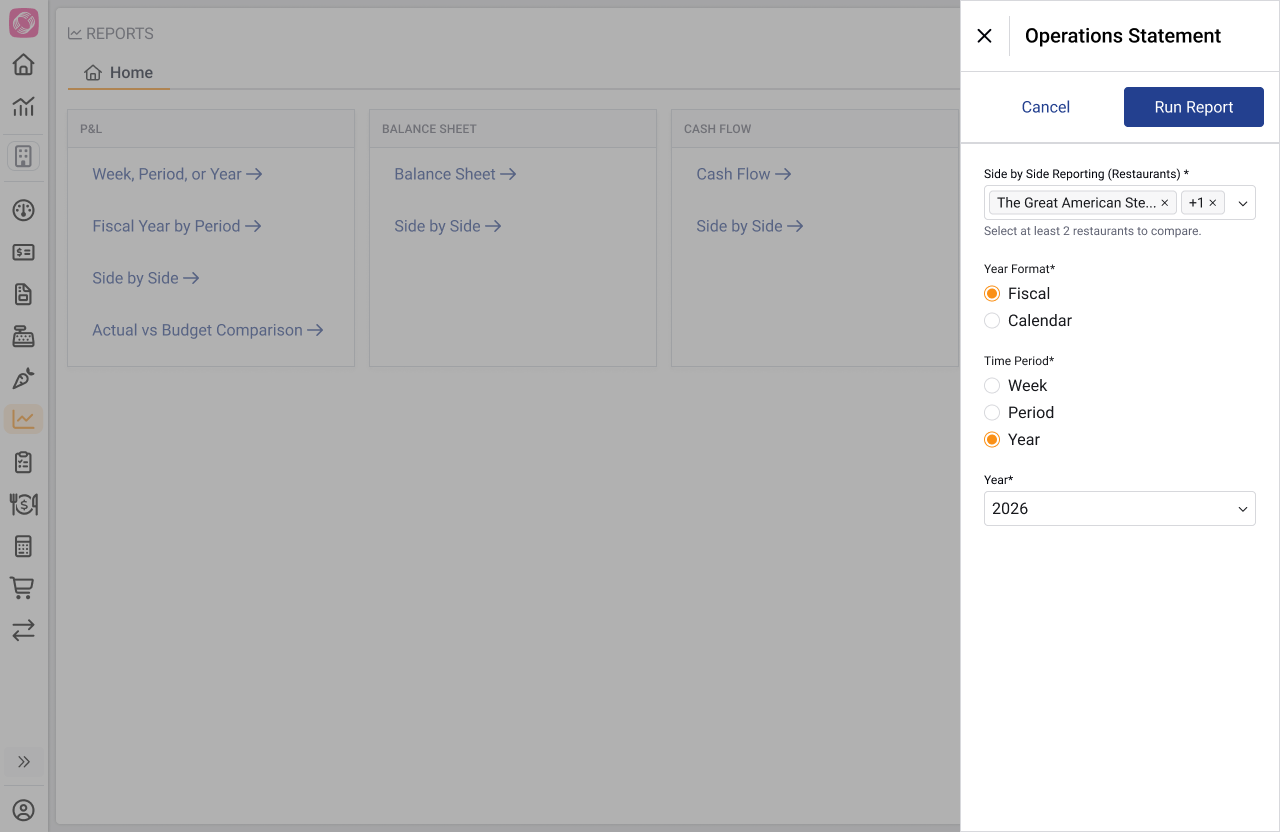 The Operations Statement selection panel