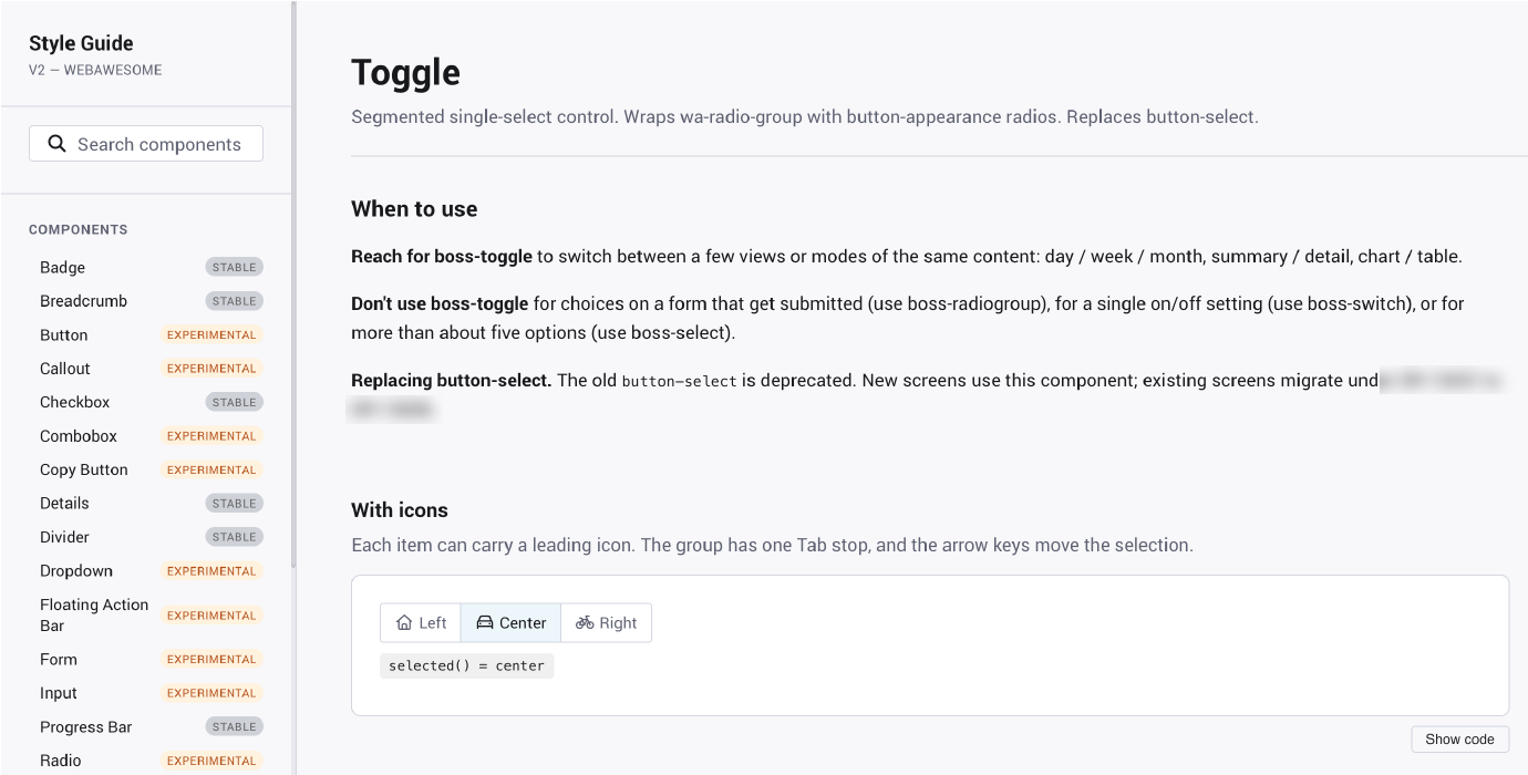 Internal style guide with a Search components field above the component list, open to the Toggle documentation page