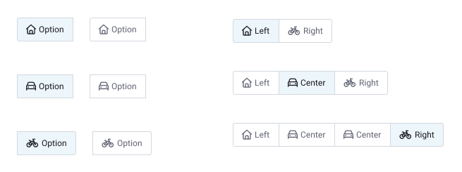 Toggle component in Figma: single options in active and inactive states, and 2, 3, and 4 option groups